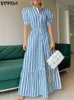 Urban Sexy Dresses Plus Size Vonda Elegant Striped Shirt Womens Summer Sexy Puff Slave Lapel Long Maxi Sundress Casual Button Office Robe Y240402