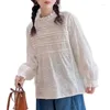 Blusas de mujer Camisa de lino de algodón de primavera Mujer Cuello alto Top de encaje Chica Manga larga Árbol comestible Blusa suelta 2024 Otoño T432108QC