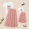 Zafille Mother Kids Family Matching Outfits Ponytail Print Top Bowknot Dress Summer Mom Daughter Clothing Set Mommy and Me Pass 240323