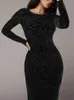 Bodycon Midi Dress for Women 2023 Abiti per feste a maniche lunghe eleganti Slim sexy Banquet Oneck Club 240403