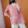 Blusas femininas estilo retro verão algodão linho impresso com decote em v botão acima versátil solto encaixe fino chiffon chinês topos