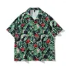 Mäns avslappnade skjortor stor storlek estetiska gröna växttryck hawaii och blusar för män kvinnor y2k strand sommar topps streetwear goth clting