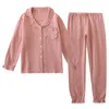 Hemkläder Kvinnor Crepe Cotton Spring Autumn Långärmad solid färg Tvåbit Set Double Layered Pyjamas Four Seasons