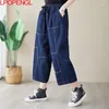 Damen Jeans Einfarbig Gerade Kordelzug Taschen Sommer Lose Lässige Patchwork Streetwear Wadenlange Hose mit weitem Bein