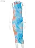 Urban sexy jurken Hugcitar Tie Dye O-Neck Sexy Bodycon Slit Midi Dress 2023 Summer Dames Y2K T-Shirt Party Y240402