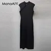 Sıradan Elbiseler Monaaiyi Moda Kadınlar Stand-up Yakası Knited kolsuz Çin tarzı vintage kalça sargısı bölünmüş elastik bel maxi elbise