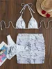 Women's Swimwear 3 Pieces Thong Bikini Set With Skirt Marble texture Bathing Suit Women Swimsuit Set Female Swimwear Beach Wear Swimming Summer Y240402