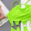 Dames badmode 2024 sexy neon grn one stuk zwempak vrouwen backless holle hol -out zwemkleding monokini metalen ring zwembaden strand dragen zwempakken y240402