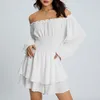 Casual Dresses Women's Puff Sleeve Romper Summer Ruched Long Flowy Layered Short Jumpsuit Elastic Waist Flouncing Off Shoulder Playsuits