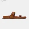 Slippare Traf Metal Buckle Flatfrom For Women 2024 Round Head Open Toe Outdoor Flat Shoes Brown Chic Belt Womans Sandaler H240403