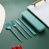 2024 4Pcs/set Tableware Spoon Fork Chopsticks Knife Cutlery with Box for Children Adult Travel Portable Wheat Straw Tableware - for travel