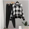 Dames Tweede stuk broek Drie-delige tracksuit Tracksuit Herfst Winter Vrouw Jacquard Plaid Cardigan Wide Been broek Casual Vest Women Sets Thr Dhjxy