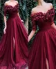 2020 New Sexy Prom Dresses Burgundy Hand Made Flowers 12 Sleeve Backless Tulle Plus Size Split Sweep Train Party Dress Evening Go5077047