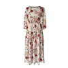 Casual Dresses Banquet Maxi Dress Women Floral Vintage Print A-line With French Style Three Quarter Sleeves Women's