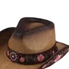 Berets Cowboy Straw Sun Hat voor vrouwelijke brede vizier met borduurwerk Cowgirl Carnivals Party Hoofddeksels