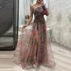 Casual Dresses Tie-dye Print Off-shoulder Dress Formal Evening Elegant One Shoulder Ball Gown With Mesh Bubble Sleeve Split Hem