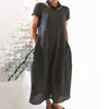 Lässige Kleider 2024 Damen Sommer Plus size Kleider bequem loses, feste Farbe Kurzarm O-Neck Baumwolle Langes Vintage Vestidos
