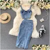 Tweede stuk jurk Amolapha dames jeans vestskirts sets riemen tops knoppen denim rok pakken voor vrouw 230705 drop levering kleding wome dhntt