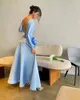 Party Dresses Sodigne Blue Modest Prom Saudiarabien Långärmar Satin Formell aftonklänning Backless 3D Flower Endast Evens