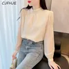 Blouses pour femmes cjfhje Fashion Small Fragrance Murffon Shirt coréen Elegant Femmes Half High Nec Long Long Manned Bright Silk Perle