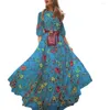 Robes décontractées banquet maxi robe femme floral vintage imprimé A-ligne avec de style français à trois quarts de manches féminines