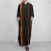 Ethnic Clothing 2024 Men's Muslim Long Sleeve Cotton Striped Robes Summer Islamic Arabian Kaftan Suit Middle East Dubai Abaya Retro