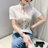 夏のヴィンテージ服Tシャツシックなセクシーなホローアウトパッチワーク刺繍クラスプ女性トップ半袖コットンティー4304 240403