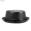 Beauts à bord large seau New Fashion Mens en cuir noir trilby chapeau fedora vintage femme automne marque porkpie jazz yq240403
