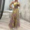 Casual Dresses Tie-dye Print Off-shoulder Dress Formal Evening Elegant One Shoulder Ball Gown With Mesh Bubble Sleeve Split Hem