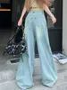 Jeans pour femmes lâches larges de jambe féminine High Street Blue Bleu Full Longueur Pantalon Denim Streetwear 2024