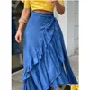 Womens Plus Size T-Shirt Women Denim Skirt A-Line Elegant Streetwear Party Club Y2K Vintage Plain Ruffle Hem Knot Waist Maxi 2023 New Dhw71