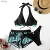 Moda de banho feminina Sexy Halter Swimwear Bikinis Set 3 peças com shorts Mostos de banho de fundo de banho de banho preto 2024 Mujer Swim Beach Wear Y240402