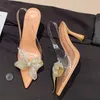 Klänningskor Fashion PVC Clear Butterfly Rhinestone Pumpar Transparent stilett Hälta Slingback Point Toe Women Tacones Mujer H240403