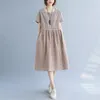 2023 Vintage Mori Girl Style Plaid Patchwork Midi Dress Summer Short Sleeve Casual Aline oneck Fashion Pockets Folds jurken 240403