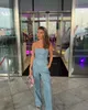 Fashion Sequins Denim Set Women Axel Trapless Tunic midja Crop Top och Wide Leg Pant Suit 2 Piece Set Outfits Tracksuit 240320