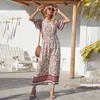 Parti Elbiseleri Happie Queens Kadın Çiçek Baskı Kısa Kol Beach Bohemian Maxi Elbise Bayanlar V Yastık Rayon Boho Vestidos