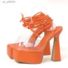 Dress Shoes Liyke Sexy Ankle Strap Sandals Women PVC Transparent Open Toe Lace-Up 15CM High Heels Platform Chunky Party Orange H2404039X92