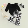 Conjuntos de roupas infantis bebê meninas roupa cor sólida manga longa renda gola redonda macacão xadrez flare calças headwear conjunto