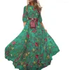 Sukienki swobodne Bankiet Maxi sukienka Kobiety kwiatowy vintage druk A-line z francuskim stylem trzy ćwierć rękawów