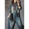 Denim wide been jumpsuit dames vintage groot formaat oversized patch pocket jumpsuit trend los één stuk outfit vrouwen patchwork 240326