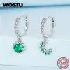 Earrings WOSTU 925 Sterling Silver Asymmetric Sun&Moon Ear Clips With Fully Green zircons Clasp Fine Jewelry For Women Wedding Party Gift