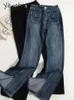 Kvinnors jeans yitimoky för kvinnor 2024 mode streetwear folds wide ben boot cut pant vintage casual split full längd y2k