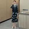 Work Dresses ALSEY Miyake Pleated Simple Fashion Plus Size Skirt Set Fall Two Piece Printed Vest Dress Suit Collar Jacket Women