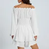 Casual Dresses Women's Puff Sleeve Romper Summer Ruched Long Flowy Layered Short Jumpsuit Elastic Waist Flouncing Off Shoulder Playsuits