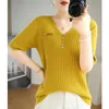 女性用TシャツTシャツ夏春のセーターショートスリーブカジュアルソリッドカラーVネックレディーストップルーズブラウスプルオーバーティーボタン