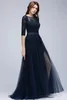 Navy Blue Lace Long Evening Dresses Elegant Half Sleeve Appliques Tulle Formal Party Prom Gown Backless With Belt Robe De Soiree 240320