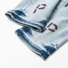 Paarse merk jeans met zware ambacht geborduurde letters American rechte been jeans