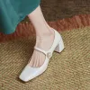 Stövlar Nya Pearl Patent Leather High Heels Mary Janes Woman Spring Elegant Square Toe Women's Pumps Red Office Ladies Shoes