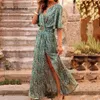 Jurken Basic Casual Boho Floral Print Long Jurk Women Sexy Deep V-Neck Mouw High Split Swing met riem Elegant Beach Vestidos 230531