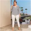 Womens Plus Size T-Shirt 2022 Fi Sommer Frauen gestreiftes Bluse-Shirt Frauen gegen Nacken LG Ärmel Irregare lose übergroße Tops L4ti Drop Deli Dhj9i